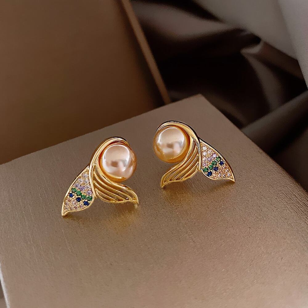 Gold and Cream Pearl Swirl Earrings. Mermaid Tail Design. Blue Green Accents. - Picture 3 of 5